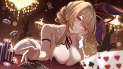 3girls absurdres alternate_costume animal_ear_hairband animal_ears blonde_hair breasts card casino chandelier commentary_request commission detached_collar eight_of_clubs fake_animal_ears hair_ribbon hairband head_rest highres large_breasts leotard long_hair looking_at_viewer maka_(user_rryf2748) multiple_girls neck_ribbon nine_of_hearts parted_lips playboy_bunny playing_card poker_chip poker_table purple_eyes purple_leotard purple_ribbon rabbit_ear_hairband rabbit_ears red_ribbon ribbon sidelocks skeb_commission table touhou tray wrist_cuffs yakumo_yukari