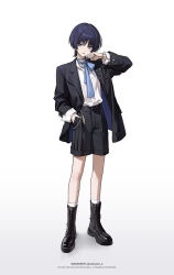 Rule 34 | 1boy, aamoooon e, alternate costume, arm at side, arm up, black boots, black hair, black jacket, black shorts, black sleeves, blue bow, blunt ends, boots, bow, bowtie, bowtie pull, bracelet, bright pupils, chain, character name, collared shirt, contemporary, feathers, formal clothes, full body, genshin impact, grey eyes, hand in pocket, highres, jacket, jewelry, lace-up boots, lapels, layered sleeves, long sleeves, looking at viewer, male focus, multicolored hair, o-ring, open clothes, open jacket, purple hair, purple jacket, scaramouche (genshin impact), shirt, shorts, socks, solo, standing, streaked hair, suit jacket, tongue, tongue out, twitter username, two-sided fabric, two-sided jacket, watermark, white background, white pupils, white shirt, white sleeves, white socks, white undershirt, wispy bangs, yellow feathers