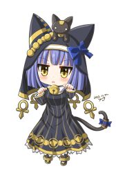 Rule 34 | absurdres, animal, animal ear headwear, animal on head, ankh, artist name, bastet lore, bell, black dress, blue hair, blue ribbon, cat, cat tail, chibi, dated, dress, emil chronicle online, fake animal ears, hair ribbon, highres, neck bell, nun, on head, open mouth, paw pose, ribbon, tail, white background, yanapy, yellow eyes