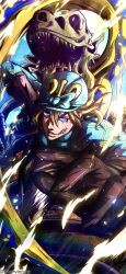 1boy 1other absurdres araki_hirohiko_(style) argyle_clothes argyle_sweater blonde_hair blue_bow blue_eyes blue_helmet blue_sweater bow brown_gloves clawed_gauntlets cracked_skin diego_brando dinosaur_skeleton dinosaur_tail fangs gloves helmet highres jojo_no_kimyou_na_bouken noonvincent parted_lips scary_monsters_(stand) stand_(jojo) steel_ball_run sweater tail