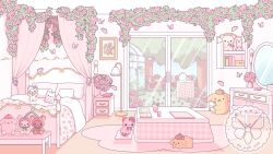 Rule 34 | absurdly detailed composition, arunyi, bed, bug, butterfly, cherry, commentary, commission, cup, curtains, english commentary, flower, food, fruit, hanamaruobake, hello kitty, highres, honeycute (sanrio), indoors, insect, korilakkuma, loaded interior, mirror, muffin (sanrio), no humans, original, pillow, pink flower, pink rose, pink theme, pompompurin, rilakkuma, rose, san-x, sanrio, scenery, sliding doors, stuffed animal, stuffed cat, stuffed dog, stuffed hamster, stuffed rabbit, stuffed toy, table, teddy bear, vanity table, vase, vgen commission