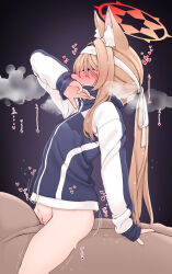 1boy 1girl 2girls absurdres animal_ear_fluff animal_ears arm_support black_background black_jacket blue_archive blue_eyes blush bottomless cat_ears cat_girl clothed_sex cowgirl_position dove_pixie extra_ears from_side hair_intakes hairband halo heart hetero highres in_heat jacket long_hair long_sleeves mari_(blue_archive) mari_(track)_(blue_archive) multiple_girls orange_hair orange_halo ponytail sex sidelocks simple_background solo_focus steaming_body straddling sweat track_jacket translation_request turtleneck turtleneck_jacket vaginal white_hairband