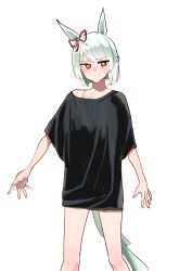 1girl absurdres animal_ears black_shirt blush bow bra_strap braid closed_mouth ear_bow fujimasa_march_(umamusume) half_up_braid highres horse_ears horse_girl horse_tail kakuteru_sudachi long_hair long_sleeves looking_at_viewer off_shoulder oversized_clothes oversized_shirt red_bow shirt short_hair simple_background single_off_shoulder smile solo tail umamusume white_background white_hair yellow_eyes
