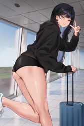 1girl ass black_hair black_hoodie black_nails black_panties blue_eyes blush commentary ear_piercing earrings english_commentary facial_mark heart heart_facial_mark highres hood hoodie jewelry long_hair mole mole_under_eye nabi_(wonnikon) nail_polish original panties parted_lips piercing rolling_suitcase solo standing stud_earrings suitcase teeth thighs twitter_username underwear v wonnikon