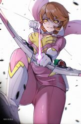 1girl absurdres aiming aiming_at_viewer arrow_(projectile) bodysuit boots bow_(weapon) breasts brown_hair choker cleavage drawing_bow energy_arrow evil_grin evil_smile from_above gloves grin heart heart_choker highres holding holding_bow_(weapon) holding_weapon incoming_attack keisea leg_up miniskirt pants persona persona_3 persona_4:_the_ultimate_in_mayonaka_arena persona_4:_the_ultimax_ultra_suplex_hold pink_pants pink_shirt shadow_(persona) shadow_yukari shirt skirt smile stepped_on takeba_yukari tokusatsu weapon white_background white_boots white_gloves yellow_eyes