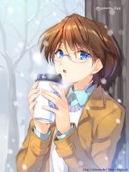 10s 1boy accel_world artist_name bad_id bad_pixiv_id blue_eyes brown_hair coffee glasses jacket male_focus mayuzumi_takumu open_mouth snowing solo tree trianon upper_body