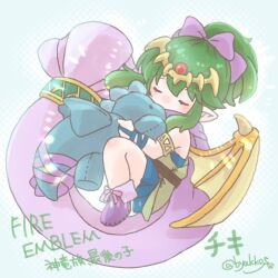 bow byakkos child closed_eyes dragon_girl dragon_wings fire_emblem fire_emblem:_mystery_of_the_emblem fire_emblem_heroes green_hair hair_bow highres holding holding_stuffed_toy long_hair nintendo official_alternate_costume ponytail purple_bow sidelocks sleeping stuffed_dinosaur stuffed_toy tiara tiki_(fire_emblem) tiki_(young)_(dragon&#039;s_progeny)_(fire_emblem) tiki_(young)_(fire_emblem) white_background wings
