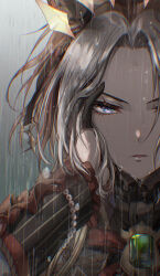 1girl animal_ears black_gloves blue_eyes bracelet brown_hair chromatic_aberration ear_ornament eyelashes frills gem gloves green_gemstone grey_hair half_gloves hand_in_own_hair hand_on_own_cheek hand_on_own_face highres horse_ears jewelry lips long_sleeves looking_at_viewer multicolored_hair orfevre_(umamusume) parted_lips pearl_bracelet rain solo straight-on umamusume water watermark wet wet_face wet_hair yue_(lov_n_n)