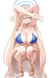 1girl absurdres armpits arms_up asuna_(blue_archive) bikini blue_archive blue_bikini blue_eyes blue_halo blush breasts cat_shadow_puppet_(meme) cleavage commentary_request front-tie_bikini_top front-tie_top hair_over_one_eye halo highres large_breasts long_hair looking_at_viewer meme middle_w mole mole_on_breast navel simple_background slippers smile solo stomach sweat swimsuit thick_thighs thighs toes ve666ve very_long_hair w white_background