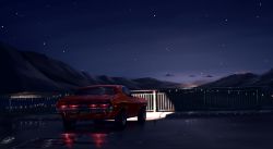 Rule 34 | bad id, bad pixiv id, car, city lights, dark, dodge (company), dodge challenger, dodge challenger (1st generation), dreadtie, grate, highres, landscape, motor vehicle, night, night sky, no humans, original, radio telescope, railing, revision, road, scenery, sewer grate, signature, sky, star (sky), still life