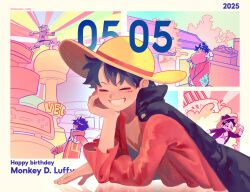 1boy 2025 birthday black_cape black_shirt boned_meat cape character_name closed_eyes coat commentary dated elbow_rest english_commentary facing_viewer food gear_fifth grin hamster_sally happy_birthday hat head_rest headphones highres holding holding_food japanese_clothes kimono male_focus meat monkey_d._luffy multiple_views official_alternate_costume one_piece open_clothes open_shirt red_coat red_kimono red_shirt scar scar_on_chest shirt smile straw_hat upper_body