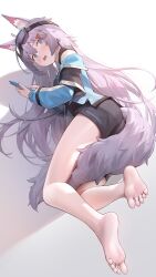 1girl absurdres animal_ear_fluff animal_ears barefoot between_legs black_shorts blush commission goggles goggles_on_head gradient_background grey_hair hair_ornament highres long_hair lying on_side original shadow shorts soles solo tail tail_between_legs toes variant_set very_long_hair zhenli-mari