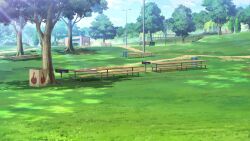 basketball_court basketball_hoop bench blurry building cloud cloudy_sky dappled_sunlight day depth_of_field dirt_road fence grass grill highres iron_fence lamppost no_humans non-web_source official_art our_life:_beginnings_and_always park park_bench plate road scenery sky sunlight tree