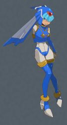 1girl arm_behind_back armor blue_armor blue_eyes blue_helmet cairngorm999 fairy_leviathan_(mega_man) fins forehead_jewel full_body head_fins helmet highres looking_at_viewer mega_man_(series) mega_man_zero_(series) simple_background solo