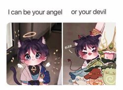1boy 1girl :&gt; animal_ears aranara_(genshin_impact) arms_behind_back behind_another black_bow bloomers blue_cape blue_gemstone blue_kimono blue_sleeves blunt_ends blush bow bracelet cape cat_boy cat_ears cat_tail chibi closed_mouth demon_horns demon_tail detached_wings dress english_text feathers gem genshin_impact gold gold_trim halo han&#039;eri highres horns i_can_be_your_angle_or_yuor_devil_(meme) japanese_clothes jewelry kimono layered_kimono layered_sleeves looking_at_viewer meme mini_wings nahida_(genshin_impact) open_clothes open_kimono peeking_out pom_pom_(clothes) potxtoboyz purple_eyes purple_hair scaramouche_(genshin_impact) short_sleeves smile sound_effects split_screen tail tongue tongue_out underwear vision_(genshin_impact) wanderer_(genshin_impact) white_bloomers white_dress white_kimono white_sleeves white_wings wings yellow_feathers yellow_halo