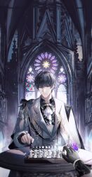 Rule 34 | 1boy, absurdres, aiguillette, arch, architecture, ascot, black bow, black gloves, black hair, black shirt, board game, bow, bracelet, brooch, bug, butterfly, butterfly on hand, cape, chess, chess piece, chessboard, church, closed mouth, gloves, gothic architecture, hair between eyes, highres, holding, holding chess piece, indoors, insect, jacket, jewelry, jiuchuansi, lapels, long sleeves, looking at viewer, love and producer, male focus, notched lapels, pearl bracelet, playing chess, pov, pov hands, purple butterfly, purple eyes, shirt, short hair, sitting, smile, solo, stained glass, straight-on, table, upper body, white ascot, white cape, white jacket, wing brooch, xu mo