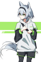 1girl animal_ears black_pantyhose black_shorts dolphin_shorts fox_ears fox_girl fox_tail green_background green_eyes grey_hair grey_tail hair_between_eyes highres medium_hair original pantyhose shibuki_pp shorts solo tail two-tone_background white_background