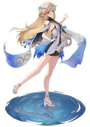 1girl bare_legs bare_shoulders birkai black_collar black_dress blonde_hair blue_eyes breasts cartethyia_(wuthering_waves) closed_mouth collar commentary_request crown_of_thorns dress earrings from_side full_body hand_up highres jewelry legs long_hair looking_at_viewer medium_breasts necklace pointy_ears reflection reflective_water sandals simple_background solo tabard tacet_mark_(wuthering_waves) toes very_long_hair white_background white_sandals white_tabard wuthering_waves