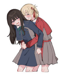 2girls 6t24413 ^_^ belt black_hair blonde_hair blue_dress blush bob_cut closed_eyes cowboy_shot cropped_legs dress green_ribbon grey_dress grin hair_ribbon highres hug hug_from_behind inoue_takina interlocked_fingers long_hair long_sleeves lycoris_recoil lycoris_uniform multiple_girls neck_ribbon nishikigi_chisato one_side_up open_mouth own_hands_together pleated_dress purple_eyes red_belt red_dress red_ribbon ribbon short_hair simple_background smile standing two-tone_dress white_background yuri