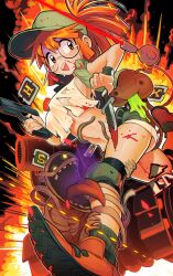 1girl 2others alien blood breasts brown_hair explosion female_focus fio_germi fire glasses gun hat holding holding_gun holding_weapon long_hair mars_people metal_slug multiple_others orange_hair ponytail snk solo_focus tentacles tongue tongue_out uejini weapon