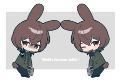2boys akechi_gorou ameinu animal_ears brown_hair character_name chibi chibi_only collared_shirt english_text gloves hair_between_eyes highres jacket long_sleeves looking_at_viewer male_focus multiple_boys multiple_views necktie one_eye_closed open_mouth pants persona persona_5 rabbit_boy rabbit_ears red_eyes shirt short_hair smile tail white_shirt