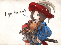1girl armor blue_eyes boobplate breastplate brown_hair closed_mouth codpiece english_text hat ironlily landsknecht landsknecht_(ironlily) long_sleeves original puffy_long_sleeves puffy_sleeves smile solo weapon