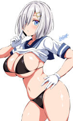 Rule 34 | 1girl, belko, bikini, black bikini, blue eyes, blue sailor collar, breasts, cleavage, commentary, gloves, hair ornament, hair over one eye, hairclip, hamakaze (kancolle), hand on own hip, highres, kantai collection, large breasts, looking at viewer, sailor collar, school uniform, short hair, short sleeves, signature, simple background, solo, swimsuit, twitter username, white background, white gloves