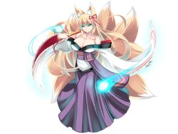 1girl animal_ear_fluff animal_ears bare_shoulders blonde_hair blue_fire breasts chest_tattoo cleavage closed_mouth eyeliner fire folded_fan folding_fan fox_ears fox_girl fox_tail game_cg glowing glowing_eyes green_eyes hair_between_eyes hair_ornament hand_fan holding holding_fan japanese_clothes kimono kitsune large_breasts light_frown long_hair long_sleeves looking_at_viewer makeup mon-musu_quest! mon-musu_quest:_paradox monster_girl multiple_tails non-web_source off_shoulder partially_shaded_face shiki_(psychedelic_g2) solo standing tail tamamo_(mon-musu_quest!) tamamo_(monster_realm)_(mon-musu_quest!) tattoo variant_set wide_sleeves