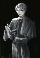 1boy black_eyes black_gloves black_hair book cassock clerical_collar cross curtained_hair glasses gloves grey_hair greyscale highres holding holding_book looking_at_viewer male_focus monochrome opening_book original priest smile solo turning_page wuruko