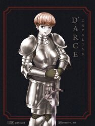 1girl armor b1kv41 blue_eyes boobplate bowl_cut breastplate character_name closed_mouth d&#039;arce_(fear_&amp;_hunger) dark_background fear_&amp;_hunger_(series) fear_&amp;_hunger_1 feet_out_of_frame fingerless_gloves gloves green_gloves hands_on_hilt hashtag-only_commentary highres instagram_logo knight orange_hair outside_border pale_skin pauldrons poleyn short_hair shoulder_armor sideways_glance solo sword twitter_logo twitter_username vambraces weapon