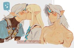 1boy 1girl blonde_hair facial_mark fierce_deity kiss link long_hair nintendo pointy_ears princess_zelda pyonteo scar the_legend_of_zelda the_legend_of_zelda:_majora&#039;s_mask white_eyes white_hair