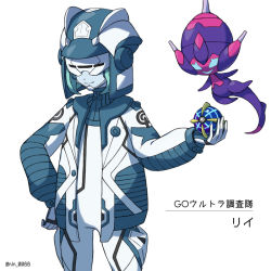 1boy banned_artist beast_ball closed_mouth commentary_request creatures_(company) game_freak gen_7_pokemon gloves hand_on_own_hip hand_up helmet holding holding_poke_ball jacket long_sleeves male_focus nin_(nin_0088) nintendo open_clothes open_jacket poipole poke_ball pokemon pokemon_(creature) pokemon_go rhi_(pokemon) smile translation_request ultra_beast ultra_recon_squad_uniform white_background