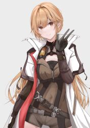 1girl absurdres arm_up belt black_belt black_gloves blonde_hair breasts brown_jacket cloak closed_mouth covered_navel cowboy_shot feet_out_of_frame girls&#039;_frontline girls&#039;_frontline_2:_exilium gloves grey_shorts groza_(girls&#039;_frontline_2) highres jacket long_hair long_sleeves looking_at_viewer medium_breasts ots-14_(girls&#039;_frontline) red_eyes satsumaagee shorts simple_background smile solo standing very_long_hair w white_background white_cloak