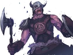 1boy armor axe barbarian brown_gloves commentary_request dovahkiin facial_hair fake_horns gloves helmet holding holding_axe holding_shield horned_helmet horns madsensei muscular muscular_male open_mouth pauldrons shield shoulder_armor simple_background single_bare_shoulder single_pauldron solo stubble teeth the_elder_scrolls the_elder_scrolls_v:_skyrim upper_body white_background