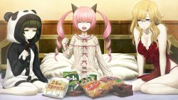 3girls ^_^ akiha_rumiho animal_costume animal_ears bad_link bed black_hair blonde_hair breasts brown_eyes cat_ears cleavage closed_eyes collarbone food game_cg glasses green_eyes highres hiyajou_maho huke indoors kiryuu_moeka kneeling large_breasts lingerie long_hair multiple_girls negligee non-web_source official_art open_mouth panda_costume panties pillow pink_hair smile steins;gate steins;gate_0 twintails underwear