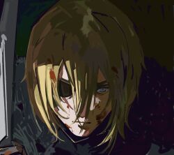 1boy :| blonde_hair blood blood_in_hair blood_on_face blue_eyes close-up closed_mouth commentary dimitri_alexandre_blaiddyd dimitri_alexandre_blaiddyd_(timeskip) english_commentary expressionless eyepatch fire_emblem fire_emblem:_three_houses hair_between_eyes highres holding holding_weapon looking_down male_focus nintendo one_eye_covered snowkying solo upper_body weapon