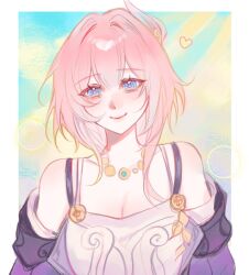 Rule 34 | 1girl, blue eyes, blue sky, border, breasts, cleavage, coat, commentary, cyrene (honkai: star rail), dress, english commentary, heart, honkai: star rail, honkai (series), jewelry, looking at viewer, medium breasts, necklace, pink hair, pink pupils, purple coat, sky, smile, solo, upper body, waymimi, white border, white dress