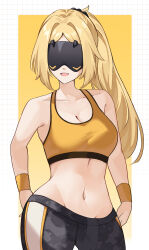 1girl absurdres alternate_costume bare_shoulders black_pants blonde_hair breasts cleavage collarbone commentary cowboy_shot eye_mask highres large_breasts long_hair navel pants ponytail shibazakie solo sports_bra stomach symbol-only_commentary trigger_(zenless_zone_zero) yellow_background yellow_sports_bra yoga_pants zenless_zone_zero