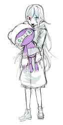 1girl aged_down blue_eyes blue_hair female_focus full_body heterochromia highres long_hair looking_at_viewer multicolored_hair open_mouth red_eyes simple_background sketch solo standing the_hundred_line_-last_defense_academy- v&#039;ehxness white_background white_hair