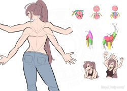 1girl anatomy_study back breasts brown_hair cleavage extra_arms facing_away long_hair looking_at_viewer looking_back matsu_(a-type_corp) midriff muscular muscular_female pointy_ears ponytail pose_study tagme tank_top topless_female
