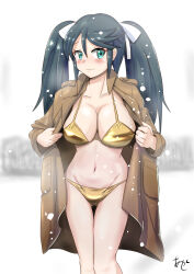 1girl akashieru artist_logo artist_name bikini black_hair breasts brown_coat coat feet_out_of_frame gluteal_fold gold_bikini green_eyes hair_ribbon highres isuzu_(kancolle) kantai_collection large_breasts logo long_hair one-hour_drawing_challenge open_clothes open_coat ribbon snow solo swimsuit thigh_gap