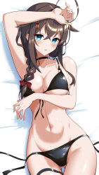 1girl absurdres ahoge arm_up armpits bikini black_bikini black_choker black_hair blue_eyes blush braid breasts brown_hair choker front-tie_bikini_top front-tie_top hair_between_eyes hair_flaps hair_ornament hair_over_breasts hair_over_shoulder hairclip highres kantai_collection large_breasts long_hair looking_at_viewer lying navel shiba_(zudha) shigure_(kancolle) shigure_kai_san_(kancolle) side-tie_bikini_bottom single_braid solo swimsuit tie_bikini_bottom untied_bikini