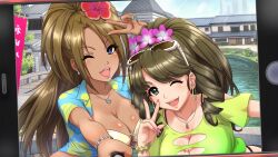 2girls aqua_nails bikini blue_eyes blue_shirt blue_sky bracelet breasts bridge brown_hair building bush cellphone cleavage cleavage_cutout clothing_cutout collarbone crop_top dark-skinned_female dark_skin day drill_hair earrings eyelashes eyewear_on_head fake_phone_screenshot fake_screenshot floral_print flower game_cg green_eyes green_shirt gyaru hair_flower hair_ornament hibiscus highres holding hoop_earrings jewelry kandagawa_jet_girls kogal large_breasts long_hair midorikawa_yuzu mole mole_on_breast multiple_girls naruko_hanaharu necklace non-web_source o-ring o-ring_bikini o-ring_top official_art one_eye_closed open_clothes open_mouth open_shirt outdoors phone pink_flower pink_nails ponytail print_shirt red_flower river selfie selfie_stick shiraishi_manatsu shirt shoulder_cutout sign sky skyscraper smartphone smile stone_bridge stud_earrings sunglasses swimsuit taking_picture teeth upper_teeth_only v v_over_head yellow_bikini