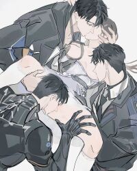 1girl 3boys black_hair black_jacket black_necktie breast_sucking caleb_(love_and_deepspace) clothes_pull cunnilingus cyborg dress dress_pull french_kiss grabbing_another&#039;s_breast groping group_sex hand_on_another&#039;s_head hand_on_another&#039;s_thigh highres jacket kiss long_hair love_and_deepspace lrrcakie multiple_boys multiple_persona necktie nipple_stimulation nipple_tweak official_alternate_costume oral protagonist_(love_and_deepspace) spread_legs very_long_hair white_dress