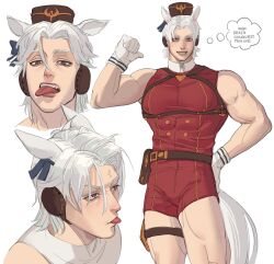 1boy absurdres animal_ears belt belt_pouch bow cowboy_shot curtained_hair ear_covers ear_ornament ear_ribbon english_text genderswap genderswap_(ftm) gloves gold_ship_(umamusume) highres horse_ears horse_tail iba_(kcokaine) multiple_views muscular muscular_male o-ring pillbox_hat pink_eyes pointing pointing_at_self pouch red_romper romper short_hair single_ear_cover sleeveless speech_bubble tail thigh_strap thought_bubble tongue tongue_out umamusume white_background white_gloves white_hair