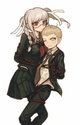 1boy 1girl black_serafuku black_suit blonde_hair bound_together braid casssstle12 clenched_teeth collared_shirt commentary crew_cut danganronpa_(series) danganronpa_2:_goodbye_despair english_commentary formal_clothes frown glasses grey_hair hair_ribbon hetero highres jacket kuzuryu_fuyuhiko lapel_pin lapels looking_at_another mole mole_under_mouth necktie one_eye_closed pants pekoyama_peko pinstripe_jacket pinstripe_pants pinstripe_pattern pinstripe_suit red_eyes red_rope ribbon rope school_uniform serafuku shibari shibari_over_clothes shirt skirt suit suit_jacket teeth twin_braids white_shirt yellow_eyes
