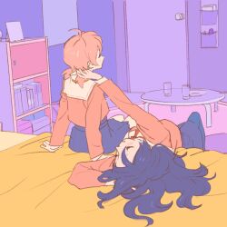2girls 55bata6rou ahoge arm_up bed bedroom black_hair closed_eyes door facing_away from_behind hair_spread_out highres indoors koito_yuu long_hair long_sleeves low_twintails lying multiple_girls nanami_touko on_back on_bed orange_hair pastel_colors reaching reaching_towards_another school_uniform short_hair short_twintails sitting table tohmi_higashi_high_school_uniform twintails yagate_kimi_ni_naru