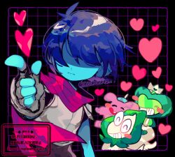 1other armor artist_name black_gloves blue_hair blue_skin closed_mouth colored_skin commentary deltarune fingerless_gloves gloves hathy_(deltarune) heart jigsawry_(deltarune) kris_(deltarune) partially_shaded_face pointing red_scarf repikinoko rudinn_(deltarune) scarf short_hair twitter_username