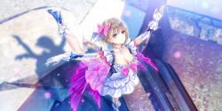 1girl ballet blonde_hair blue_eyes blue_reflection_(series) blue_reflection_sun blue_shoes bow breasts brown_eyes choker cleavage closed_mouth collarbone dancing dress elbow_gloves frilled_dress frills from_above game_cg gloves hair_bow heterochromia high_heels highres jewelry kishida_mel large_breasts leg_up lens_flare looking_at_viewer magical_girl non-web_source official_art outstretched_arms pink_bow ring shadow shirai_hinako shirai_hinako_(reflector) shoes short_hair skirt solo spread_arms star_pendant white_choker white_dress white_gloves white_skirt