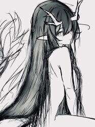 Rule 34 | 1girl, absurdres, arknights, breasts, closed mouth, completely nude, convenient censoring, dragon girl, dragon horns, dragon tail, dusk (arknights), expressionless, greyscale, hair censor, hair over breasts, hair over one eye, highres, horns, long hair, looking at another, looking at viewer, medium breasts, monochrome, nude, pointy ears, sideboob, simple background, sketch, solo, tail, very long hair, white background, wwvc7qr8fvifxz